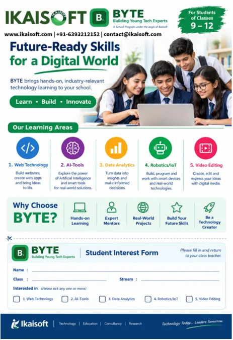 BYTE flyer: Future-ready skills for a digital world, with the five learning areas and the student interest form